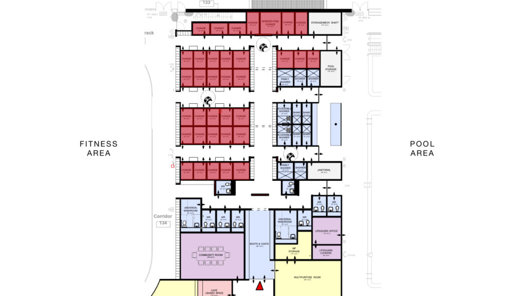 The floor plan for the locker room redesign highlights 35 private changing stalls.