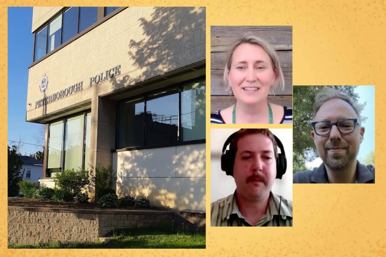 A collage of photos of the Peterborough Police station and photos of three people